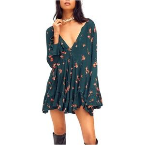 Free People Green Bell Sleeve Deep V-Neck Floral Olivia Print Tunic Size XL